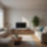 A detailed layout of a living room showcasing optimal TV placement and outlet location.
