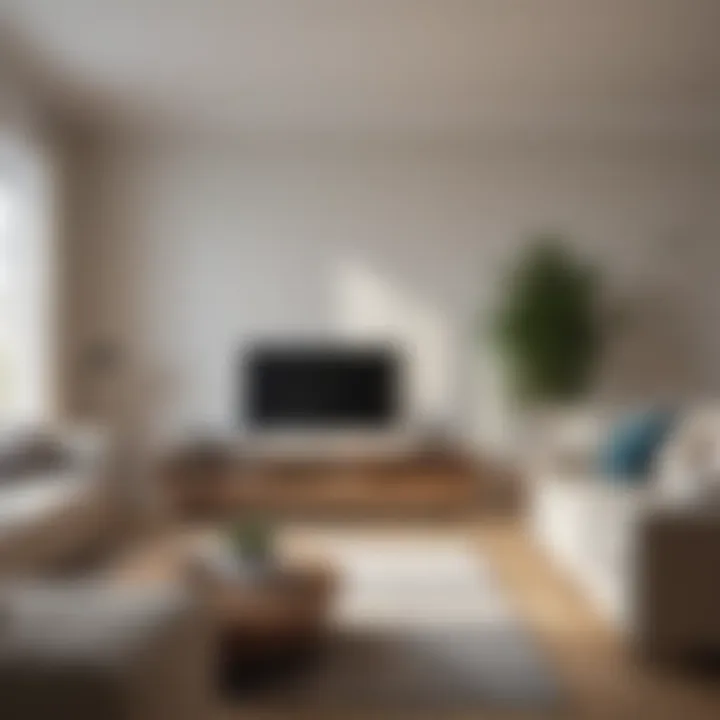 A detailed layout of a living room showcasing optimal TV placement and outlet location.