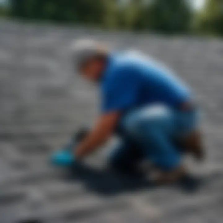 Roofing contractor inspecting aging asphalt shingles