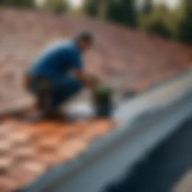 Roofing technician applying repair solution on damaged area