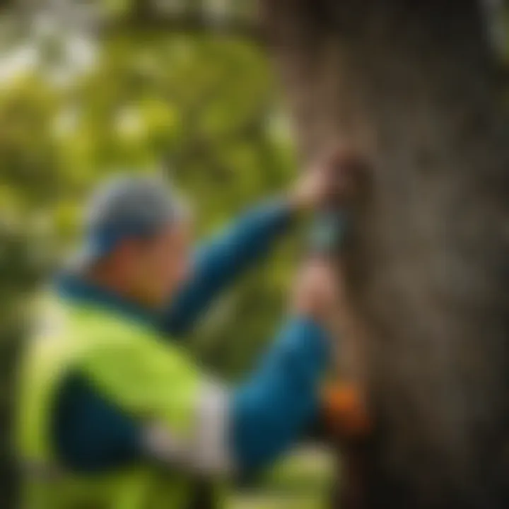 Arborist examining tree for signs of pests