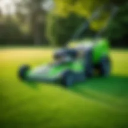 Green lawn with professional lawn care equipment