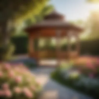 Graceful Wooden Gazebo Amidst Blooming Flowers Elegant Wooden Gazebo in Flower Garden
