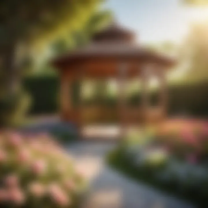 Graceful Wooden Gazebo Amidst Blooming Flowers Elegant Wooden Gazebo in Flower Garden
