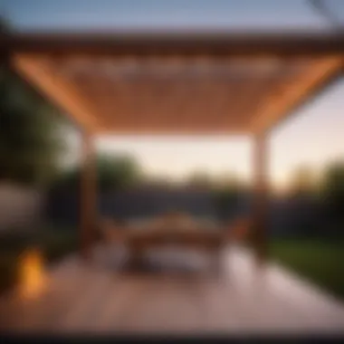 Sleek Modern Wooden Shade Structure Illuminated by Hanging Lights Modern Wooden Shade Structure with Hanging Lights