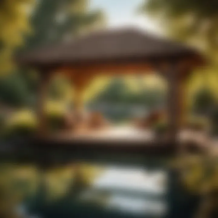 Serene Rustic Wooden Shade Structure Overlooking a Tranquil Pond Rustic Wooden Shade Structure by the Pond