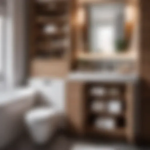 Organized bathroom essentials behind toilet cabinet