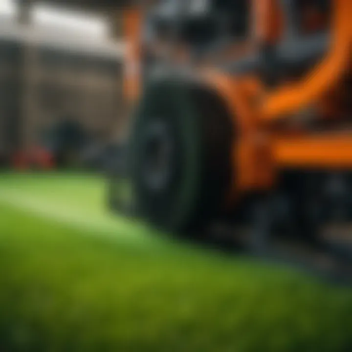 Close-up of automatic turf feeding system in a big roll turf laying machine