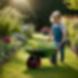 Young child using a mini wheelbarrow in the garden