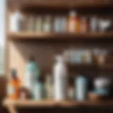 Eco-friendly cleaning products on a wooden shelf