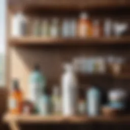 Eco-friendly cleaning products on a wooden shelf
