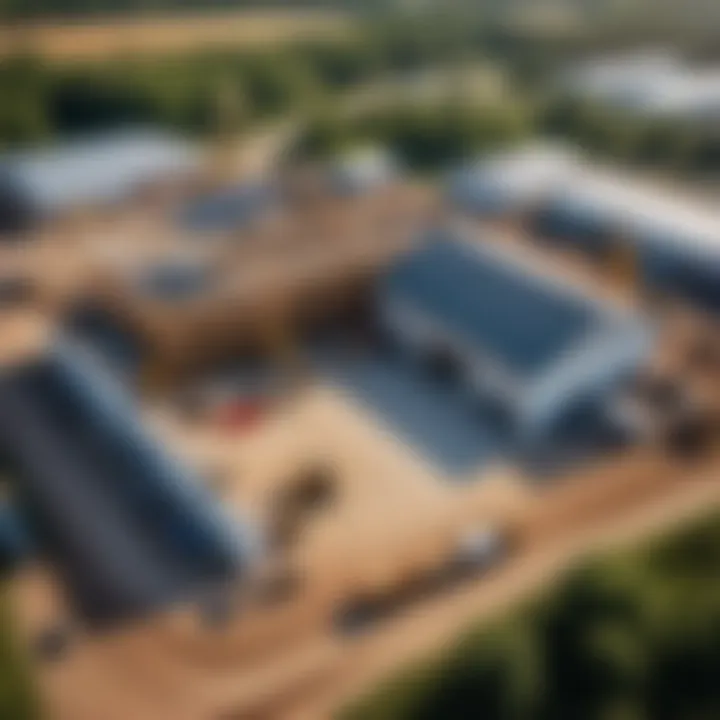 An aerial view of a garage construction site with heavy machinery