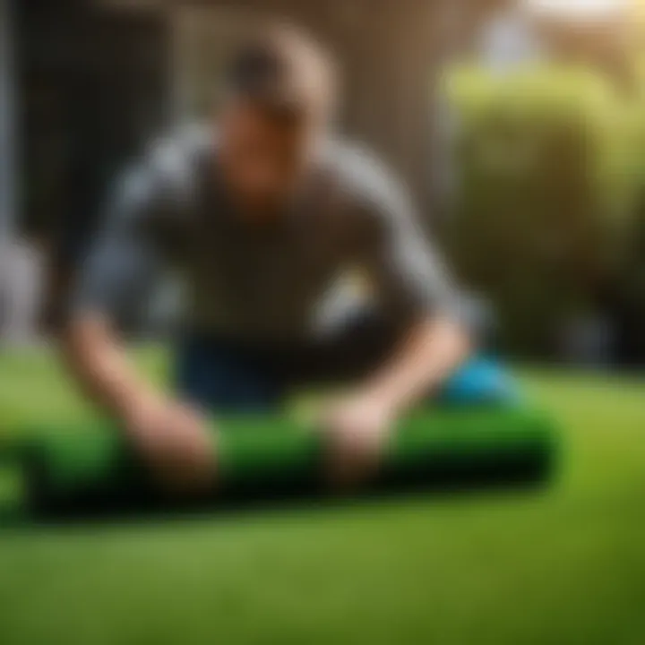 Professional landscaper installing artificial turf