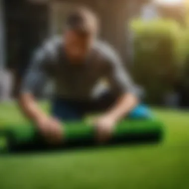 Skilled Landscaper Installing Artificial Turf Professional landscaper installing artificial turf