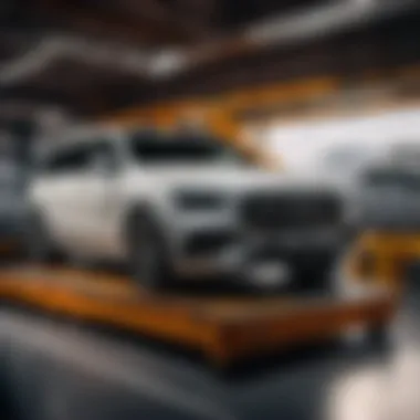 Luxury car being loaded onto enclosed transport vehicle