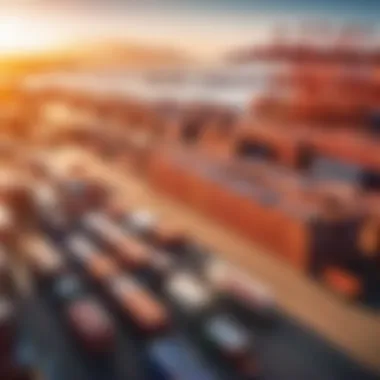 Shipping container at bustling international port for overseas car transport