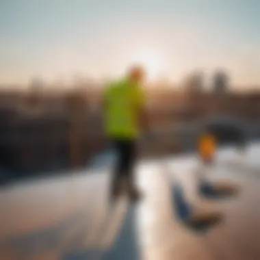 Professional roof cleaner applying mop on a rooftop