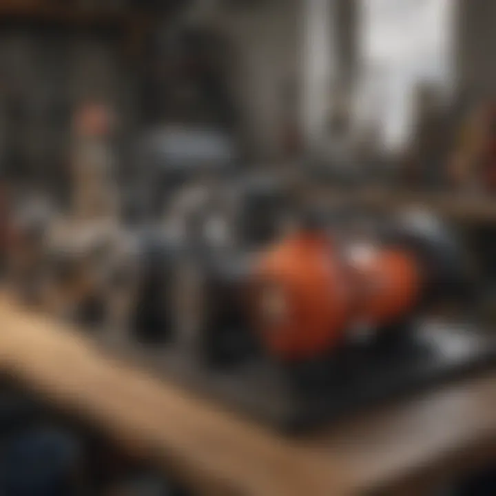 Selection of various sump pump types displayed on a workbench.