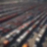 Aerial view of a bustling truck rental depot
