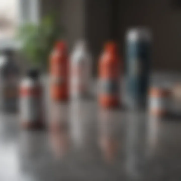 Different types of concrete sealers displayed on a table, showcasing their unique properties