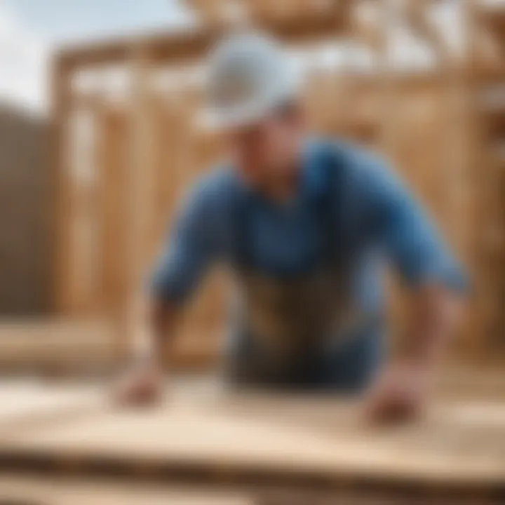 Construction worker inspecting pressure treated wood