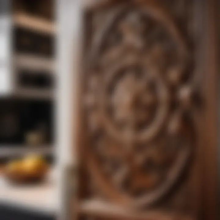 Contemporary kitchen back door with intricate wood carving