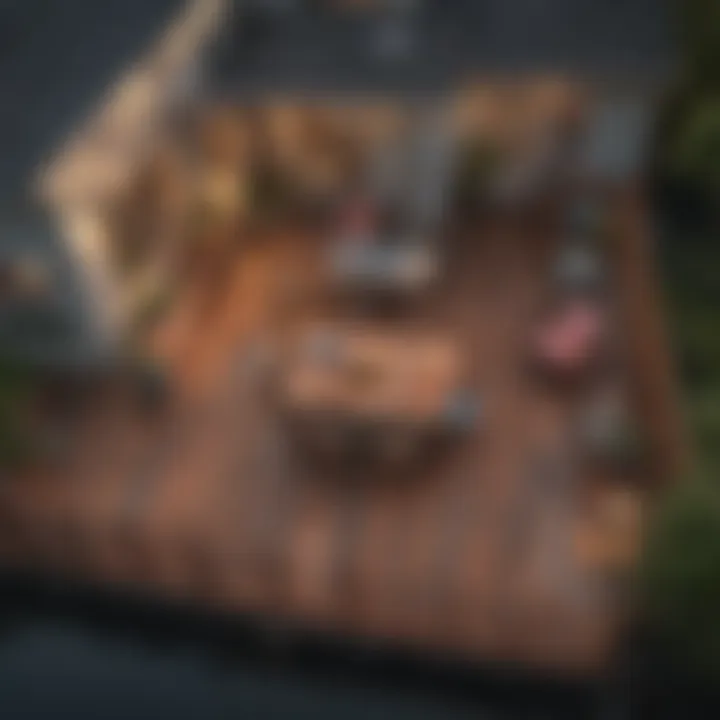 An aerial view of a backyard with a spacious deck