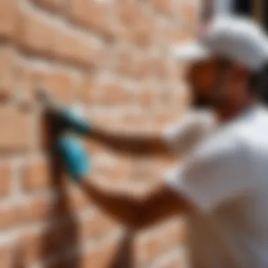 Craftsman applying limewash finish on brick wall with precision