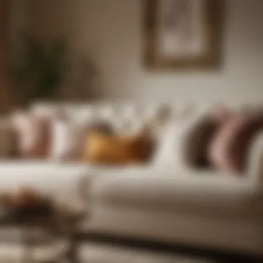 Enhancing Charm: Cream Suede Couch Adorned with Stylish Pillows Cream suede couch with decorative pillows