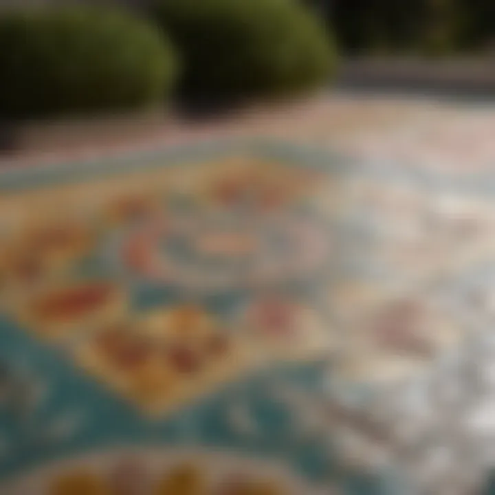 Concrete patio floor being painted with decorative design