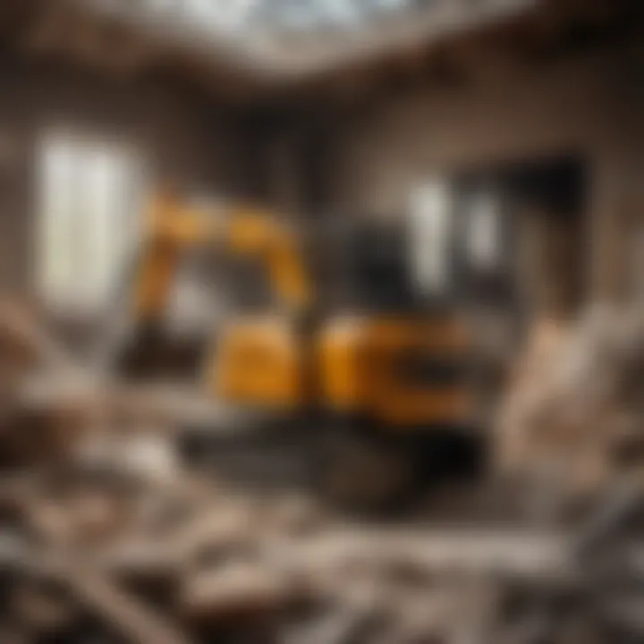 Demolition tools set against a backdrop of rubble