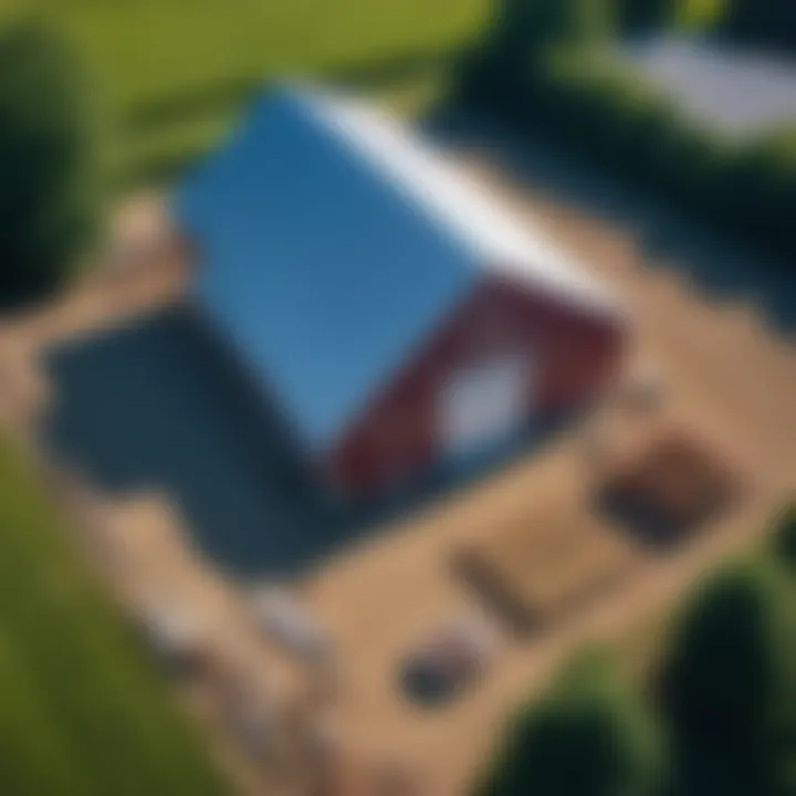 Aerial view of a barn construction site with various building materials and tools