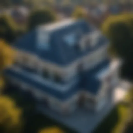Aerial view of a building with a dormer roof