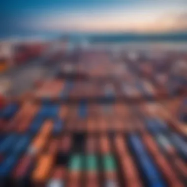 Various sizes of containers stacked at a busy port