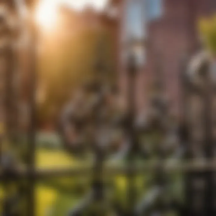 Close-up of intricate details on a wrought iron fence