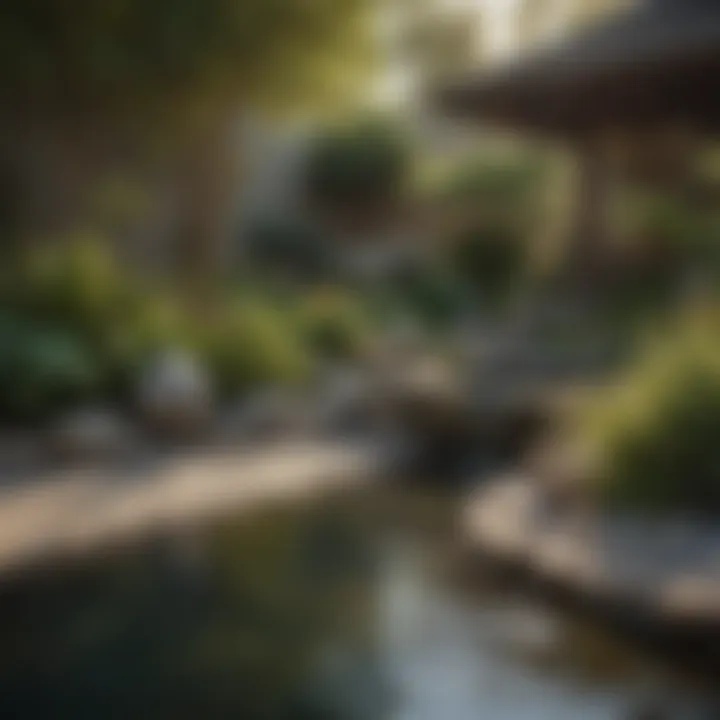 Zen garden with tranquil water feature enhances serenity in front yard