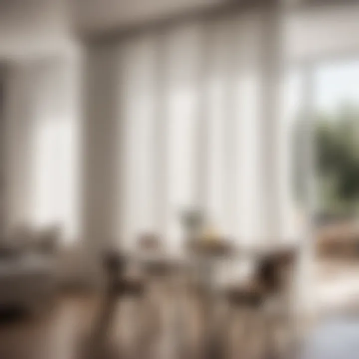 Sleek white curtains dividing kitchen areas