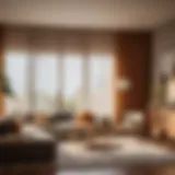 Elegantly draped wood curtain in cozy living room