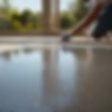 Concrete patio floor being prepped with etching solution
