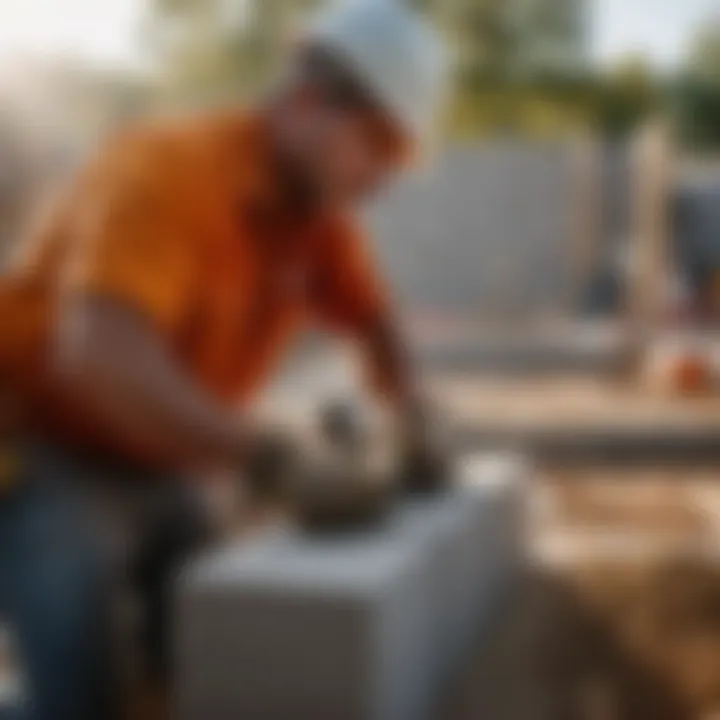 Skilled labor working on cinder block foundation construction