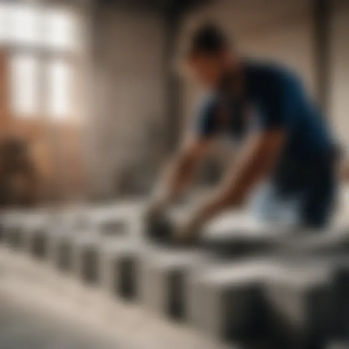 Skilled worker arranging concrete blocks