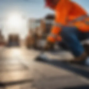 Professional workers laying pavement with precision