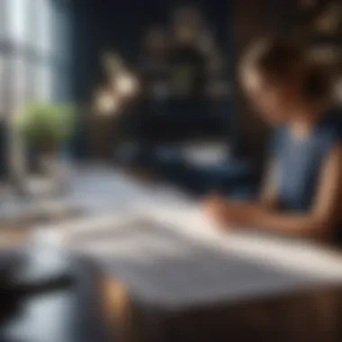 Interior design consultant reviewing blueprints in a stylish workspace