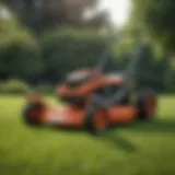 A lightweight mower on a green lawn showcasing its sleek design