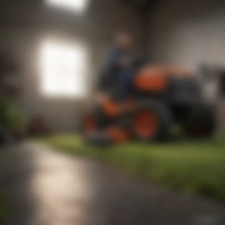 A well-maintained lightweight mower being inspected for upkeep