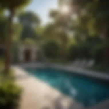 Strategic Landscaping: Enhancing Poolside Appeal A beautifully landscaped poolside with strategic tree placement