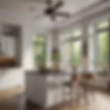 Elegant modern kitchen featuring a stylish ceiling fan.