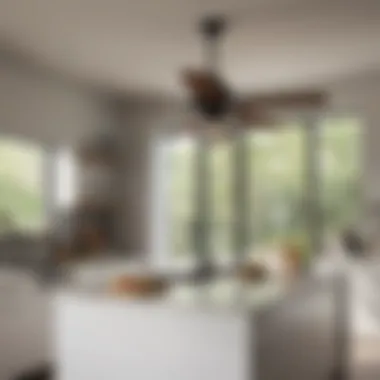 Smart Ceiling Fan in a Modern Kitchen Smart ceiling fan integrated into a sleek, modern kitchen environment.
