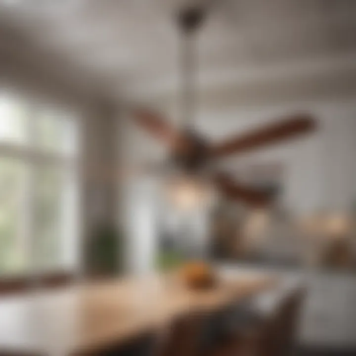 Close-up of a unique ceiling fan design in a contemporary kitchen.