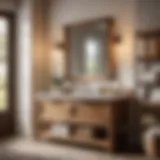 Farmhouse bathroom mirror with shelf above rustic wooden vanity